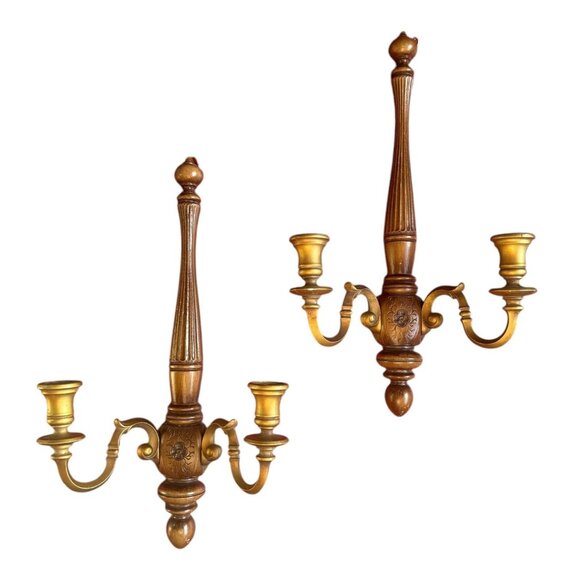 Vintage Syroco Wood & Resin Candle Wall Sconces Pair Set 2 MCM Mid Century Decor - Picture 1 of 12
